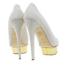 Pre Owned Charlotte Olympia Cream Canvas Dolly Platform Pumps Size 42