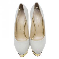 Pre Owned Charlotte Olympia Cream Canvas Dolly Platform Pumps Size 42