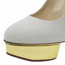 Pre Owned Charlotte Olympia Cream Canvas Dolly Platform Pumps Size 42