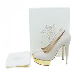 Pre Owned Charlotte Olympia Cream Canvas Dolly Platform Pumps Size 42