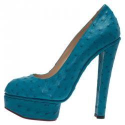 Pre Owned Charlotte Olympia Blue Ostrich Leather Greta Platform Pumps Size 39