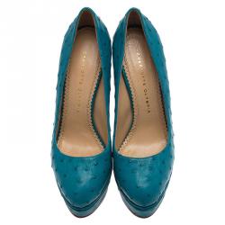 Pre Owned Charlotte Olympia Blue Ostrich Leather Greta Platform Pumps Size 39