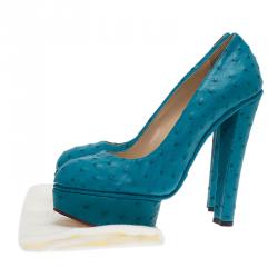 Pre Owned Charlotte Olympia Blue Ostrich Leather Greta Platform Pumps Size 39