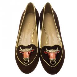 Pre Owned Charlotte Olympia Brown Suede Taurus Smoking Slippers Size 37