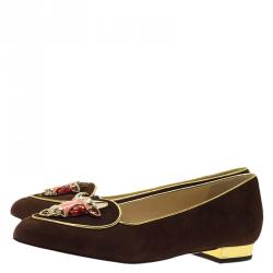 Pre Owned Charlotte Olympia Brown Suede Taurus Smoking Slippers Size 37