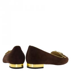 Pre Owned Charlotte Olympia Brown Suede Taurus Smoking Slippers Size 37