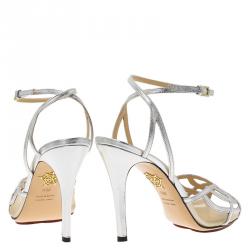 Pre Owned Charlotte Olympia Silver Leather Octavia Ankle Strap Sandals Size 39.5