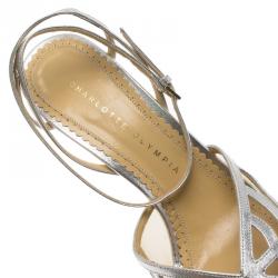 Pre Owned Charlotte Olympia Silver Leather Octavia Ankle Strap Sandals Size 39.5