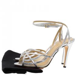Pre Owned Charlotte Olympia Silver Leather Octavia Ankle Strap Sandals Size 39.5