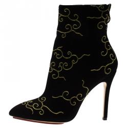 Pre Owned Charlotte Olympia Black Embroidered Suede Betsy Ankle Boots Size 37