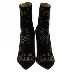 Pre Owned Charlotte Olympia Black Embroidered Suede Betsy Ankle Boots Size 37