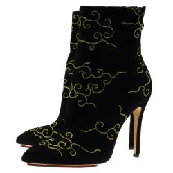 Pre Owned Charlotte Olympia Black Embroidered Suede Betsy Ankle Boots Size 37