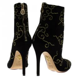 Pre Owned Charlotte Olympia Black Embroidered Suede Betsy Ankle Boots Size 37