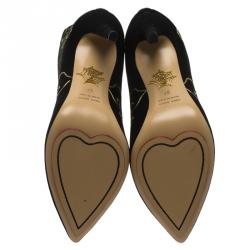 Pre Owned Charlotte Olympia Black Embroidered Suede Betsy Ankle Boots Size 37