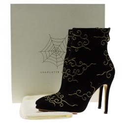Pre Owned Charlotte Olympia Black Embroidered Suede Betsy Ankle Boots Size 37