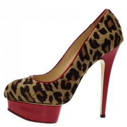 Pre Owned Charlotte Olympia Leopard Calf Hair Polly Platform Pumps Size 38.5