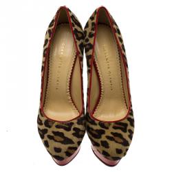 Pre Owned Charlotte Olympia Leopard Calf Hair Polly Platform Pumps Size 38.5