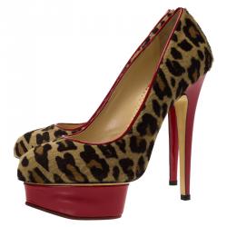 Pre Owned Charlotte Olympia Leopard Calf Hair Polly Platform Pumps Size 38.5