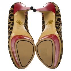 Pre Owned Charlotte Olympia Leopard Calf Hair Polly Platform Pumps Size 38.5