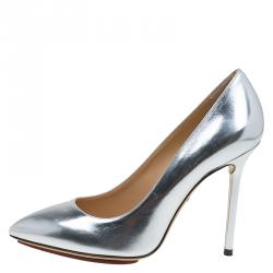 Pre Owned Charlotte Olympia Silver Metallic Leather Monroe Pointed Toe Pumps Size 38