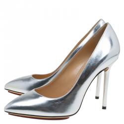 Pre Owned Charlotte Olympia Silver Metallic Leather Monroe Pointed Toe Pumps Size 38