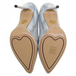 Pre Owned Charlotte Olympia Silver Metallic Leather Monroe Pointed Toe Pumps Size 38