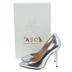 Pre Owned Charlotte Olympia Silver Metallic Leather Monroe Pointed Toe Pumps Size 38