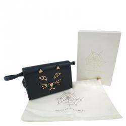 Pre Owned Charlotte Olympia Black Calf Leather Feline Purse Shoulder Bag