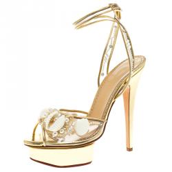 Charlotte Olympia Gold Leather and PVC She Sells Sea Shells Ankle Wrap Platform Sandals Size 39