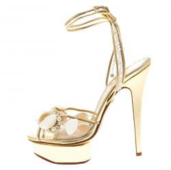 Charlotte Olympia Gold Leather and PVC She Sells Sea Shells Ankle Wrap Platform Sandals Size 39