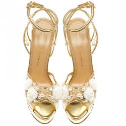 Charlotte Olympia Gold Leather and PVC She Sells Sea Shells Ankle Wrap Platform Sandals Size 39