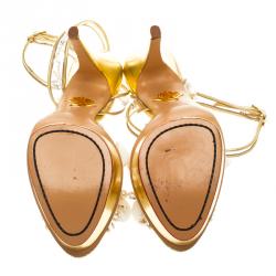 Charlotte Olympia Gold Leather and PVC She Sells Sea Shells Ankle Wrap Platform Sandals Size 39