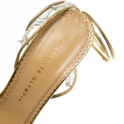 Charlotte Olympia Gold Leather and PVC She Sells Sea Shells Ankle Wrap Platform Sandals Size 39