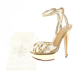 Charlotte Olympia Gold Leather and PVC She Sells Sea Shells Ankle Wrap Platform Sandals Size 39