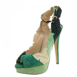 Pre Owned Charlotte Olympia Green Suede Leaf Me Alone Ankle Strap Platform Sandals Size 39