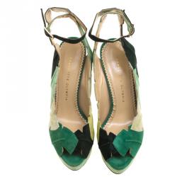 Pre Owned Charlotte Olympia Green Suede Leaf Me Alone Ankle Strap Platform Sandals Size 39