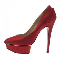 Pre Owned Charlotte Olympia Red Paloma Fan-Pleat Satin Pumps Size 38 