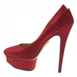 Pre Owned Charlotte Olympia Red Paloma Fan-Pleat Satin Pumps Size 38 
