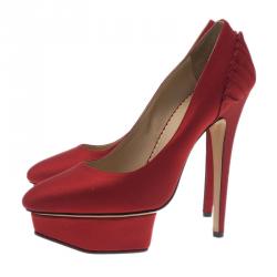 Pre Owned Charlotte Olympia Red Paloma Fan-Pleat Satin Pumps Size 38 