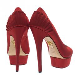 Pre Owned Charlotte Olympia Red Paloma Fan-Pleat Satin Pumps Size 38 