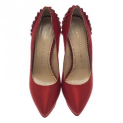 Pre Owned Charlotte Olympia Red Paloma Fan-Pleat Satin Pumps Size 38 