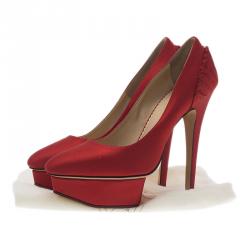 Pre Owned Charlotte Olympia Red Paloma Fan-Pleat Satin Pumps Size 38 