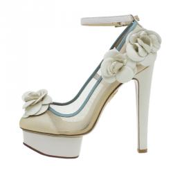 Pre Owned Charlotte Olympia Cream Mesh Flora Ankle Strap Pumps Size 37