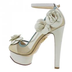 Pre Owned Charlotte Olympia Cream Mesh Flora Ankle Strap Pumps Size 37