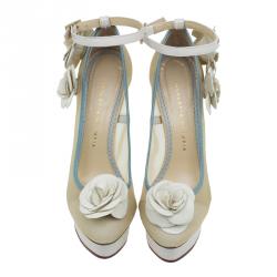 Pre Owned Charlotte Olympia Cream Mesh Flora Ankle Strap Pumps Size 37