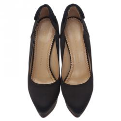 مملوكة مسبقًا حذاء كعب عالي شارلوت اوليمبيا ستارلا بكعب أمامي مزين بشراشيب ساتان أسود مقاس 38