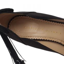 مملوكة مسبقًا حذاء كعب عالي شارلوت اوليمبيا ستارلا بكعب أمامي مزين بشراشيب ساتان أسود مقاس 38