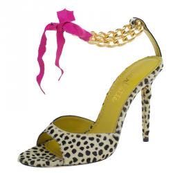 Charlotte Olympia Leopard Pony Hair Chain Ankle Strap Sandals Size 40