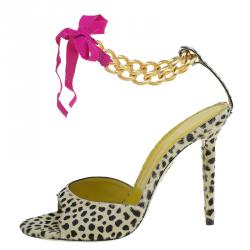 Charlotte Olympia Leopard Pony Hair Chain Ankle Strap Sandals Size 40