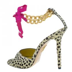 Charlotte Olympia Leopard Pony Hair Chain Ankle Strap Sandals Size 40